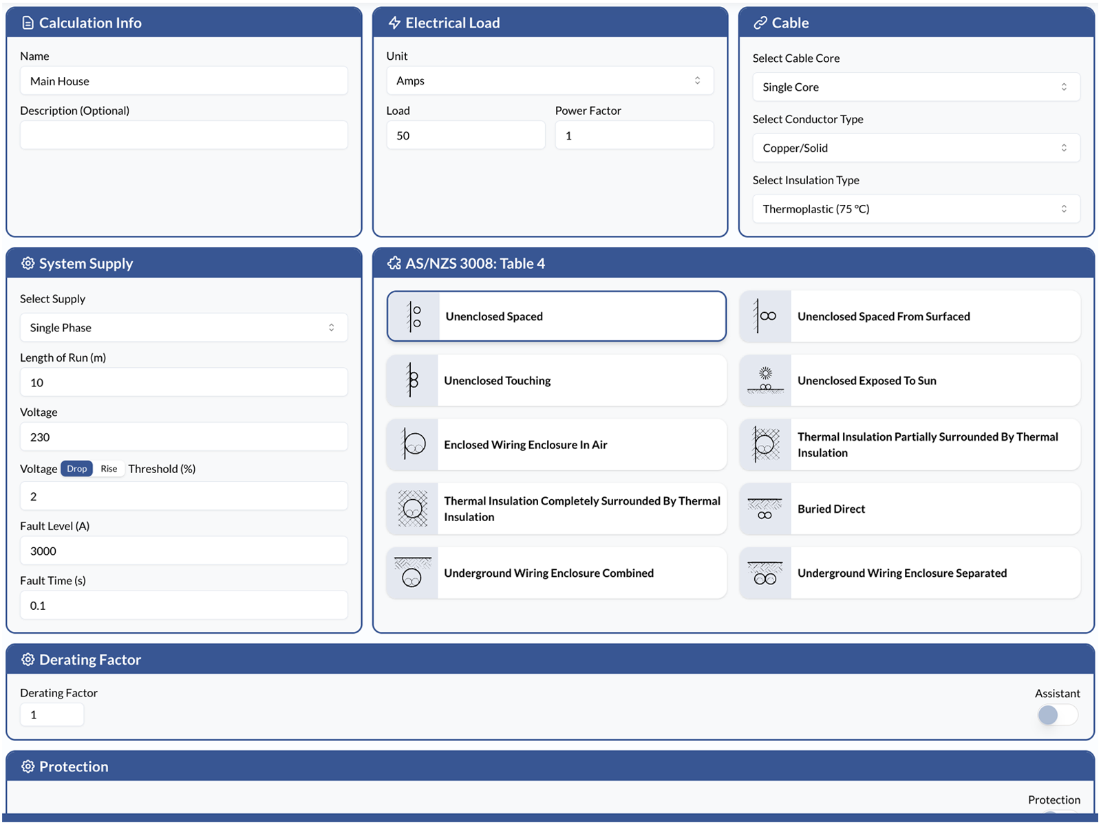 Cable Size Calculator Interface