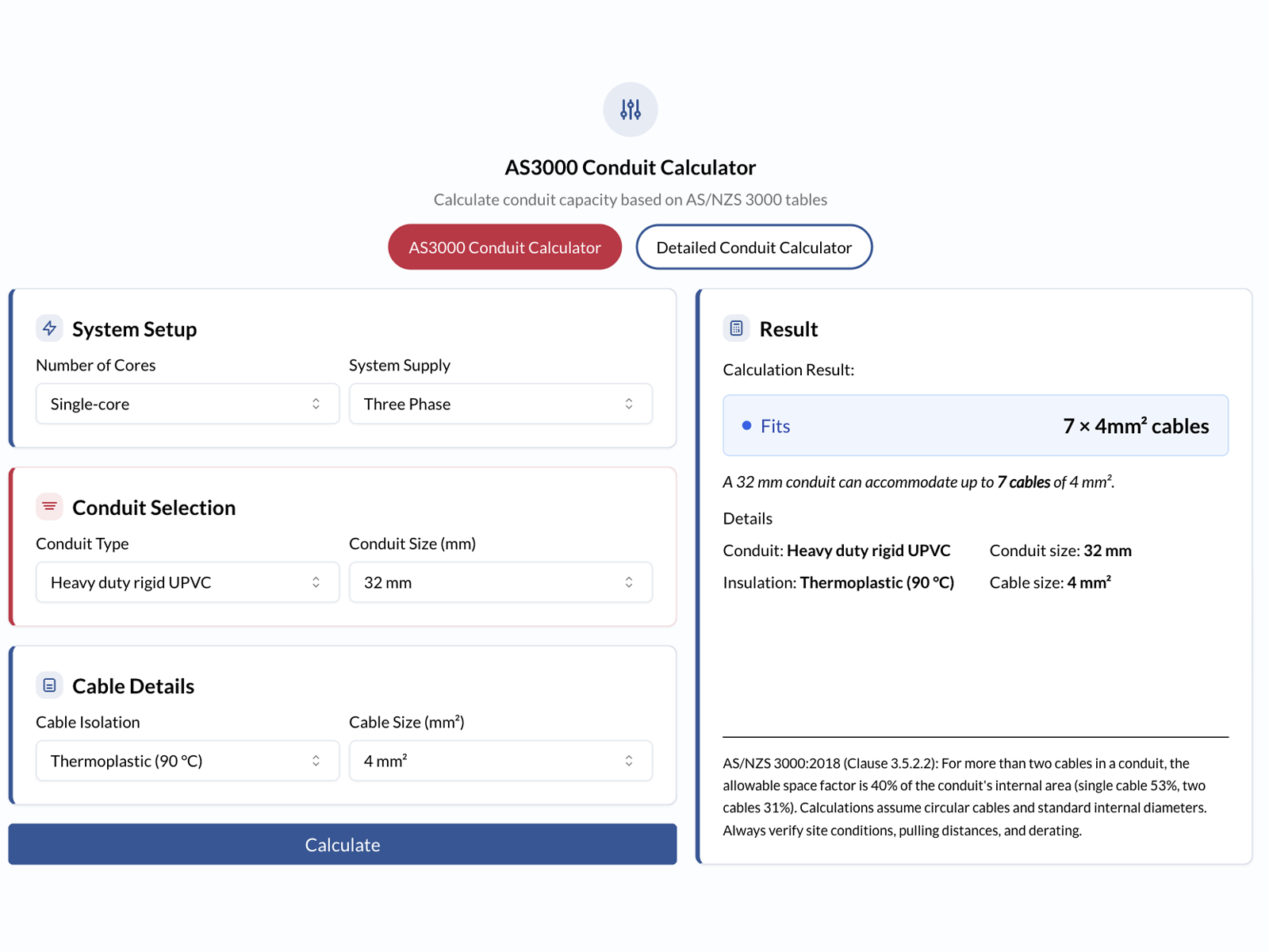 Conduit Size Calculator Interface
