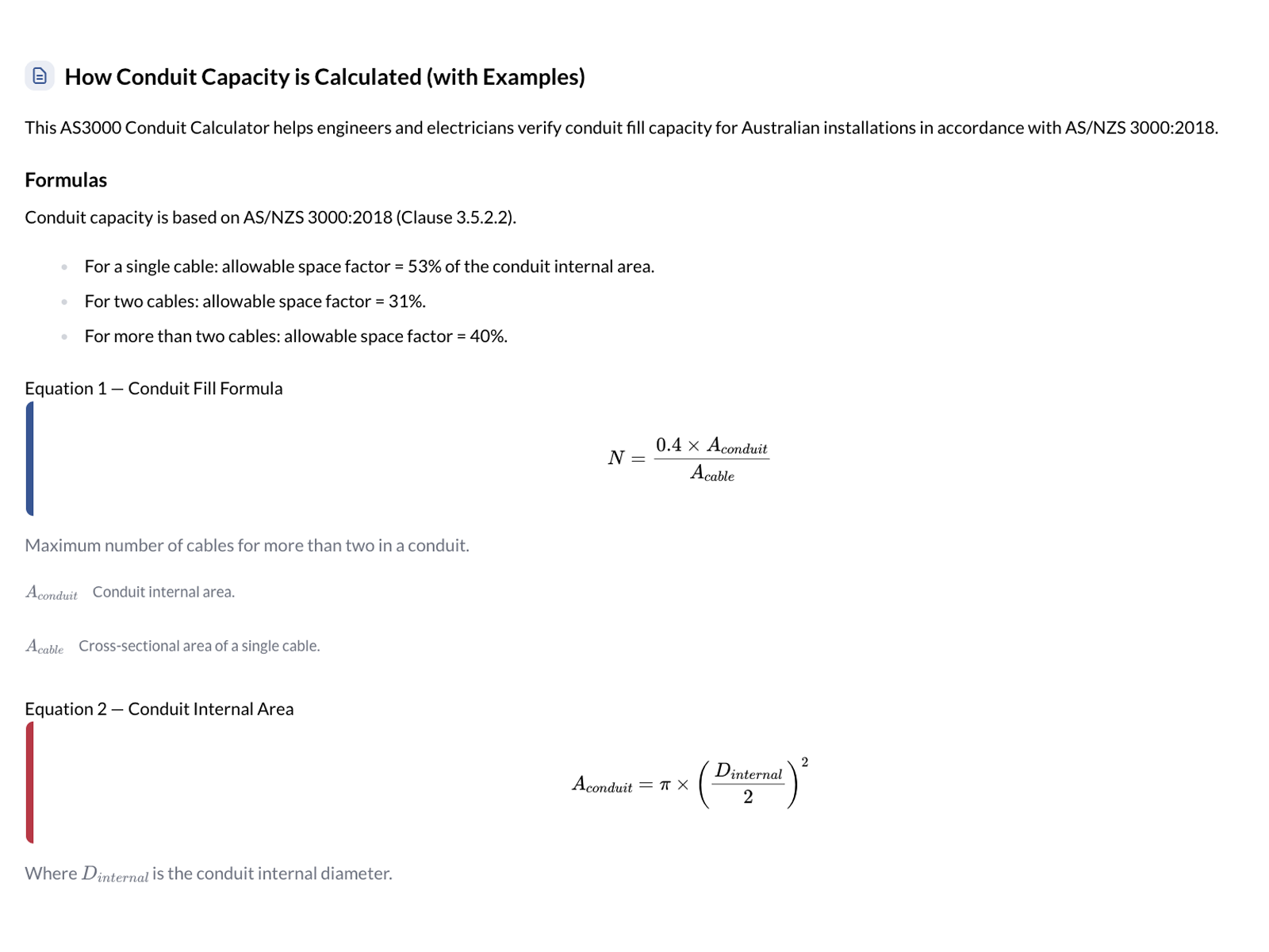 Conduit Size Calculator Results